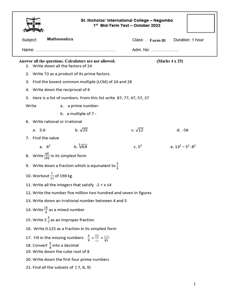 Form 3 - Maths | PDF