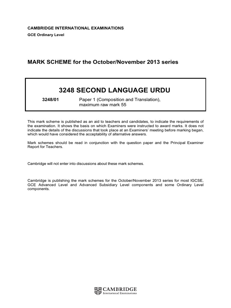 3248 Second Language Urdu: MARK SCHEME For The October/November 2013 ...