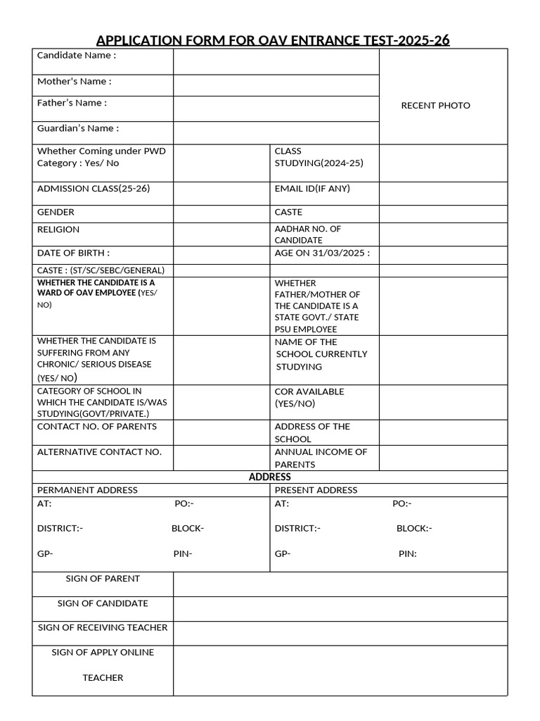 OAV Entrance Test Application Form 2025-26 | PDF