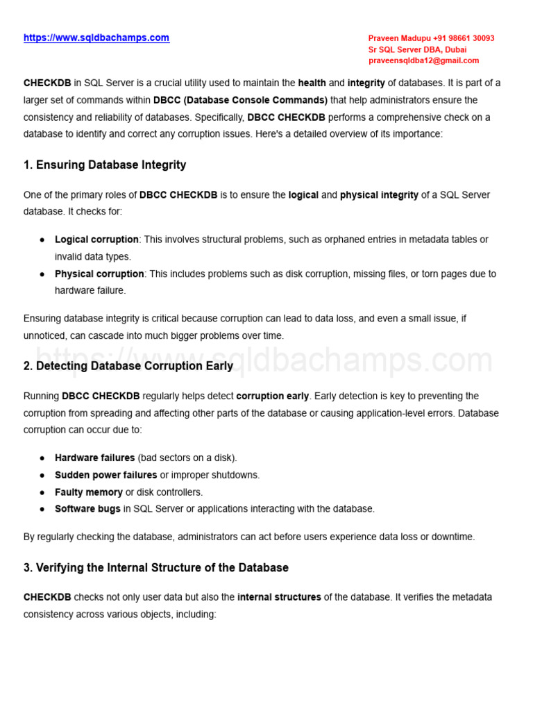 Importance of DBCC CHECKDB in SQL Server | PDF | Databases | Microsoft ...