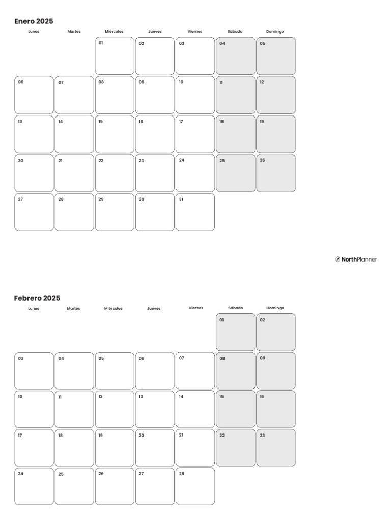 Calendario Mensual 2025 de NorthPlanner en A4 PDF