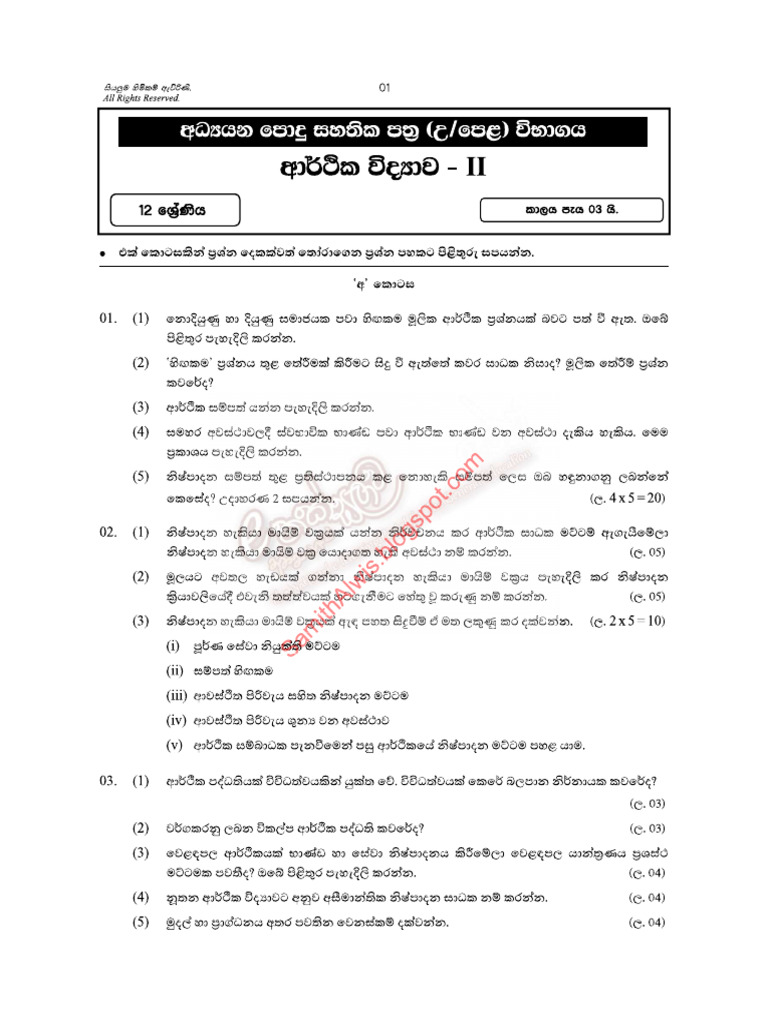 Grade 12 Econ II Paper Sinhala Medium | PDF