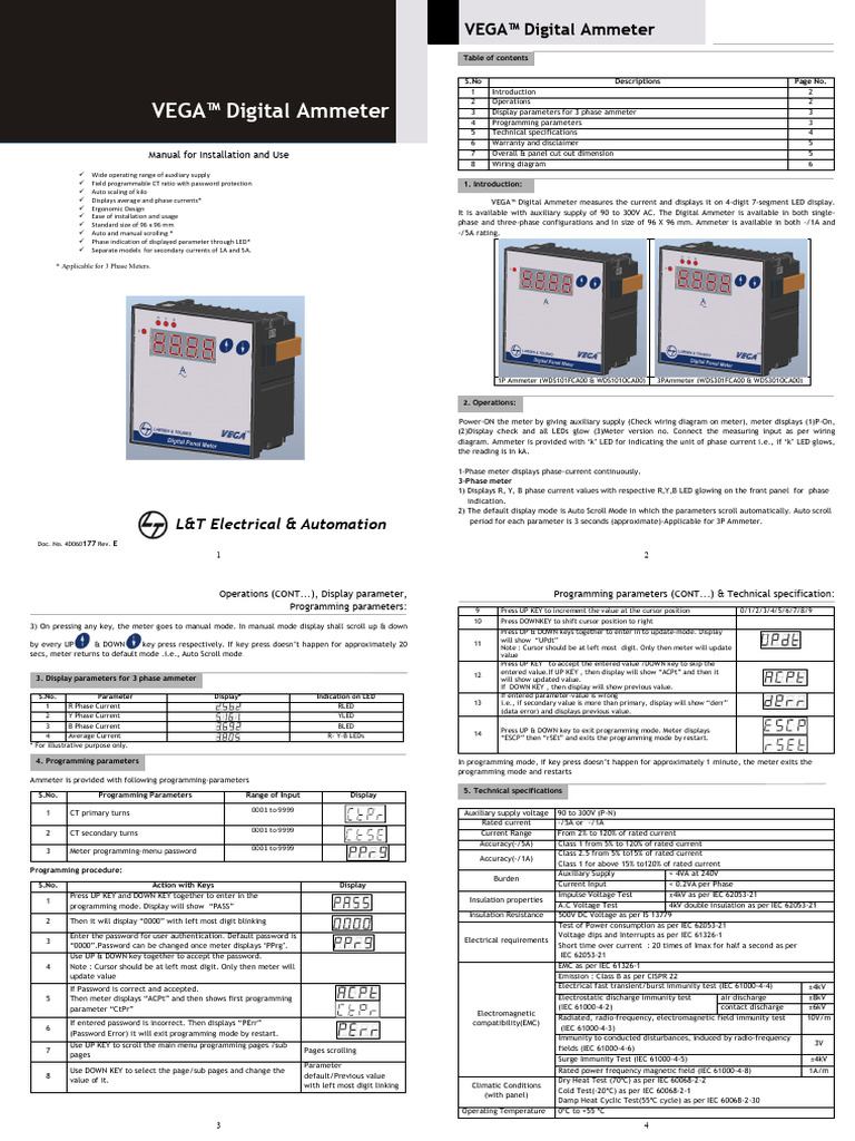 VEGA Digital Ammeter Function Guide | PDF | Electricity | Electrical ...