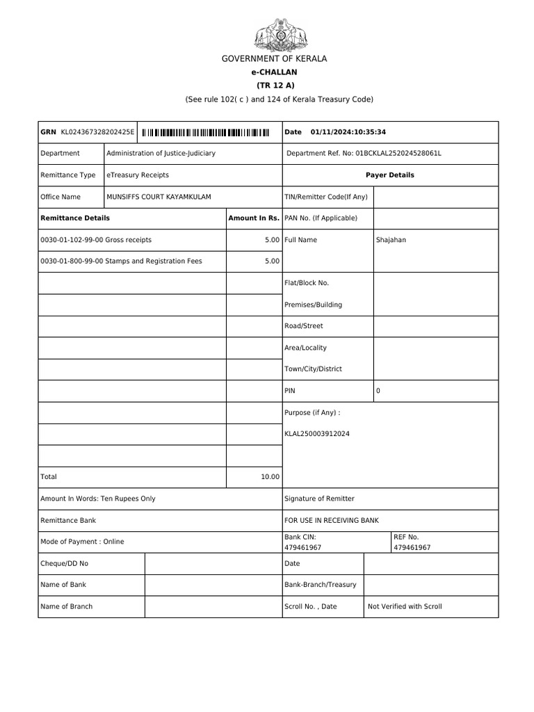 Government of Kerala: (See Rule 102 (C) and 124 of Kerala Treasury Code ...
