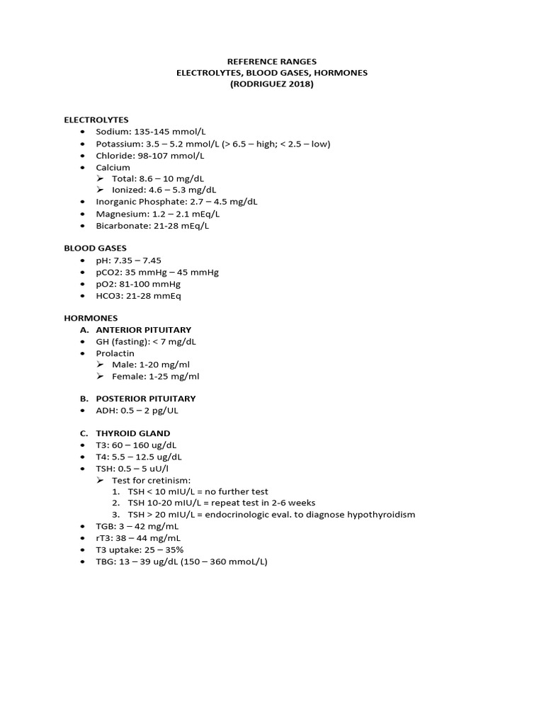 CC Reference Ranges (Electrolytes, BGS, Hormones) | PDF