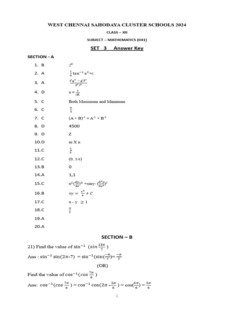 Class 12 Maths Set 3 Answer Key 2025 | PDF | Equations | Applied ...