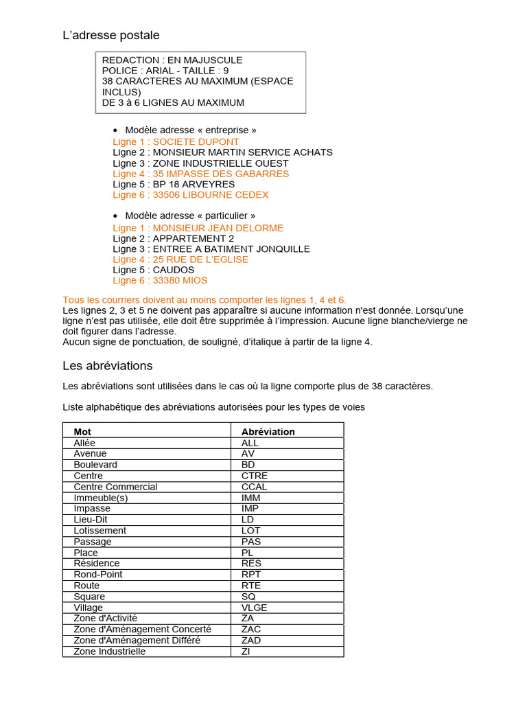 Modèles d'adresses et abréviations | PDF