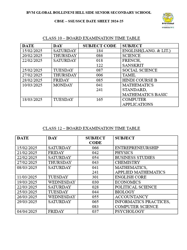 CBSE 2025_ DATE SHEET FOR THE CLASSES 10 12 PDF