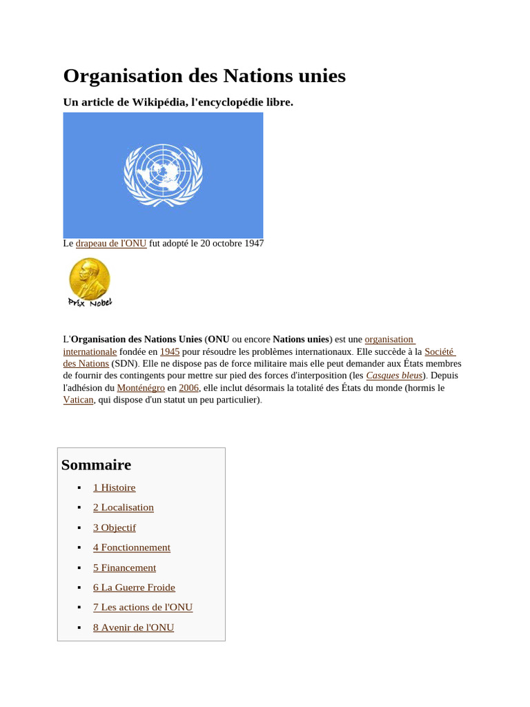 Histoire et objectifs de l'ONU | PDF | Nations unies | Relations ...