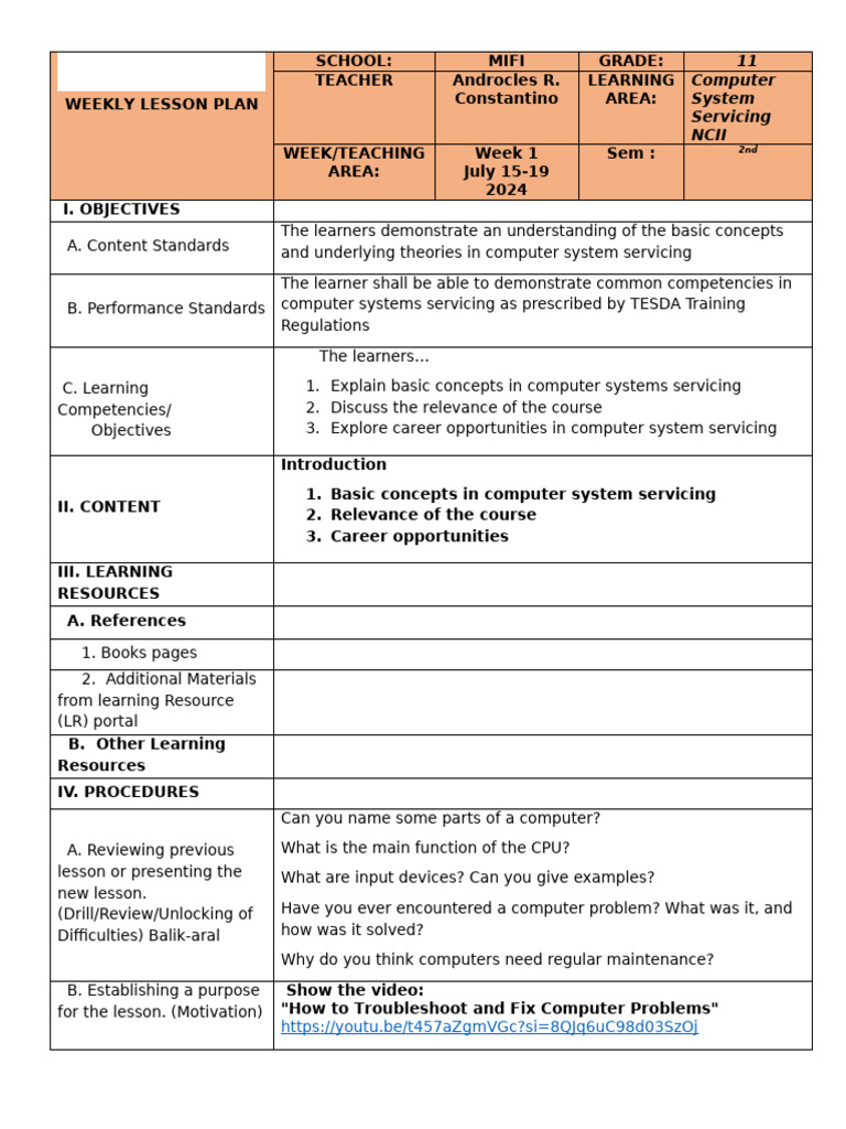 Week 1 Computer Servicing Lesson Plan | PDF | Computer Data Storage ...