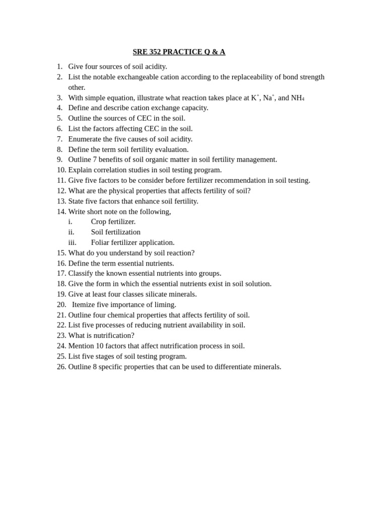 SRE 352 PRACTICE Q & A | PDF | Soil | Plant Nutrition