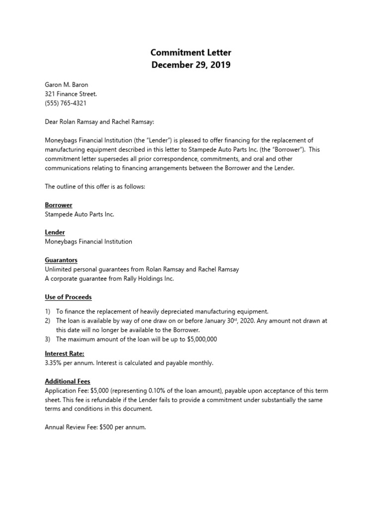 5.0 Commitment Letter Example | PDF | Loans | Indemnity