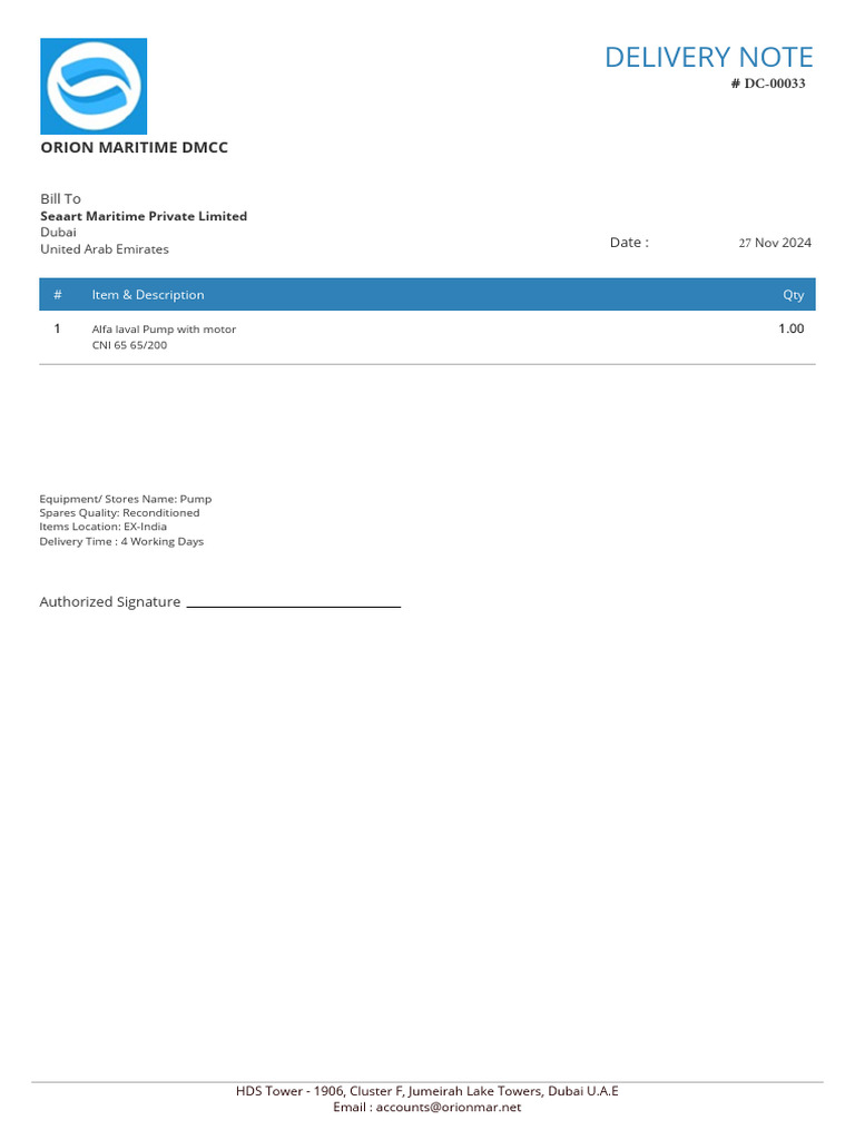 Delivery Note for Alfa Laval Pump | PDF