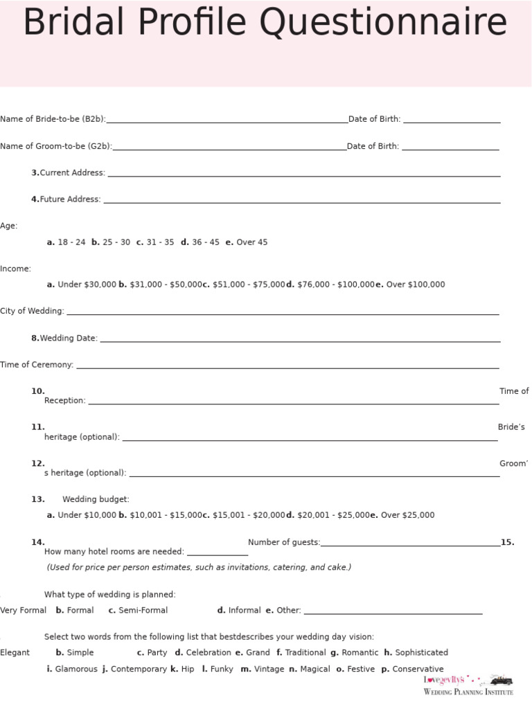 Bridal Profile Questionnaire Template | PDF | Wedding | Bridesmaid