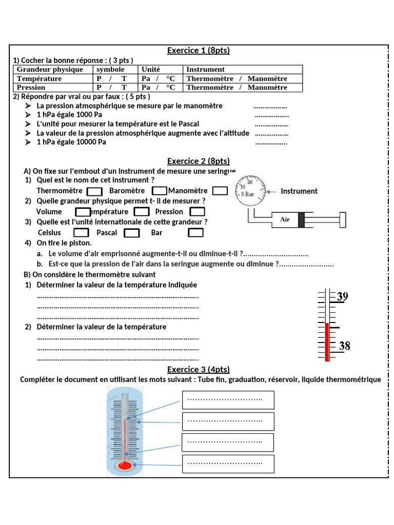 Exercice de sciences physiques sur pression et température | PDF ...