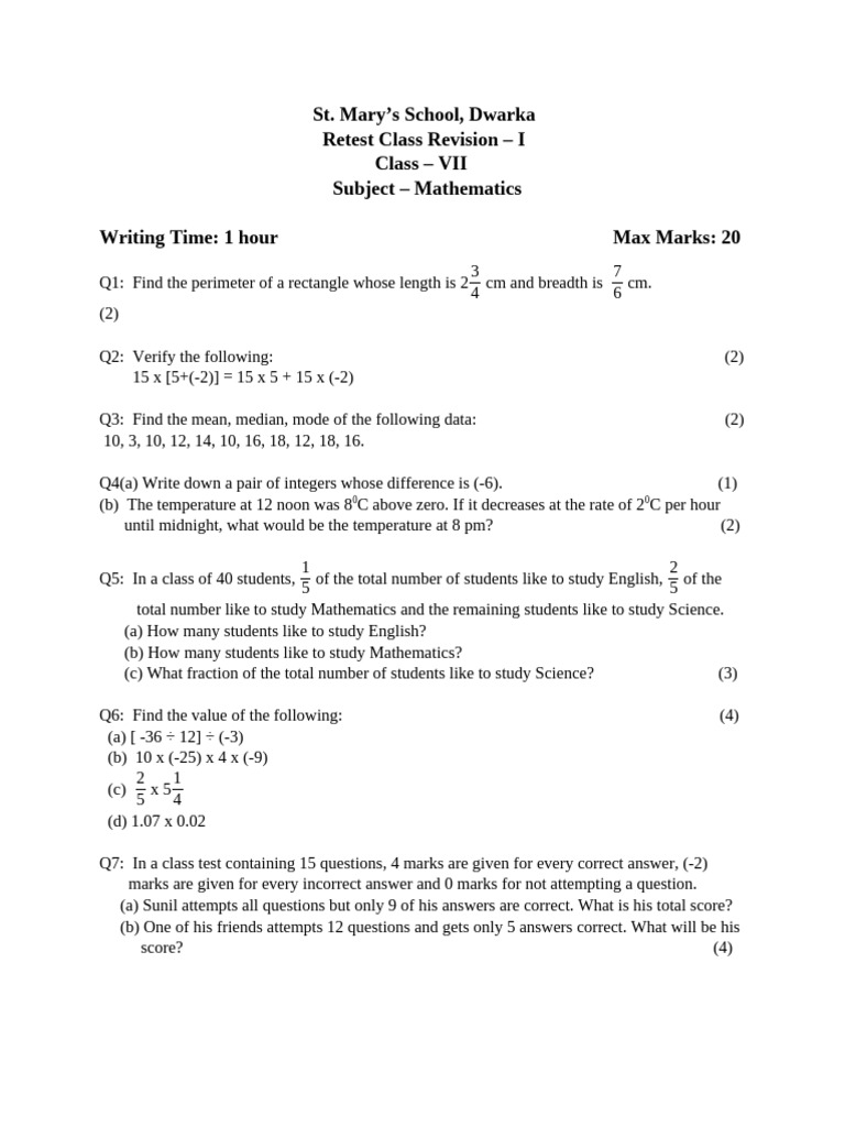Retest cr 1 class 7 maths pdf arithmetic mathematics