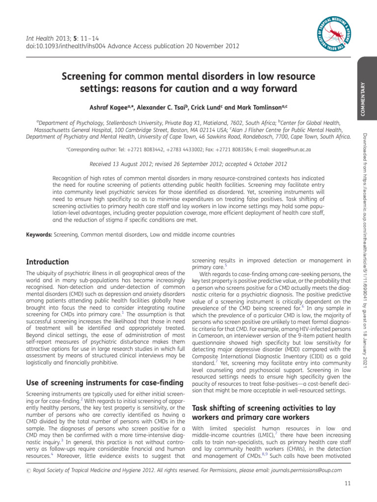 screaning for common mental health disorders | PDF | Screening ...