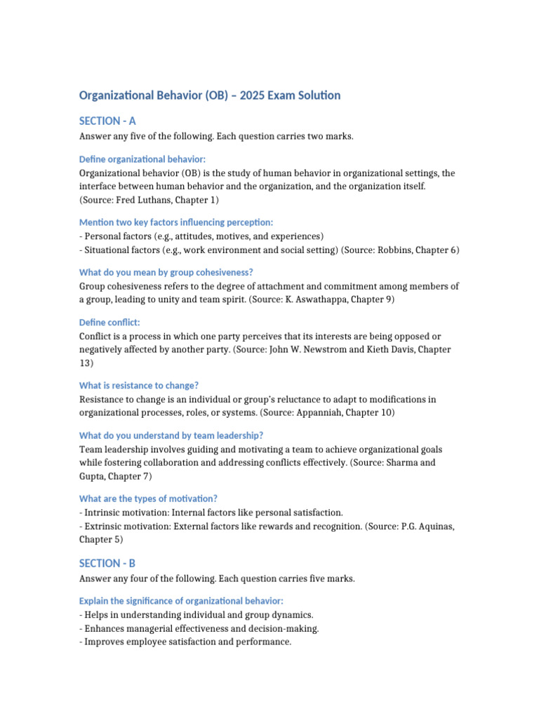 OB Exam Solutions and Key Concepts 2025 | PDF | Motivational | Motivation