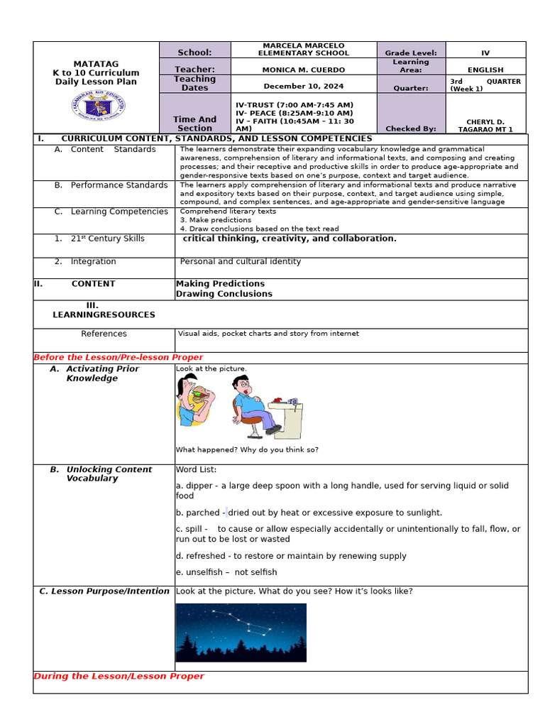Grade 4 English Lesson Plan: Week 1 | PDF | Reading Comprehension ...