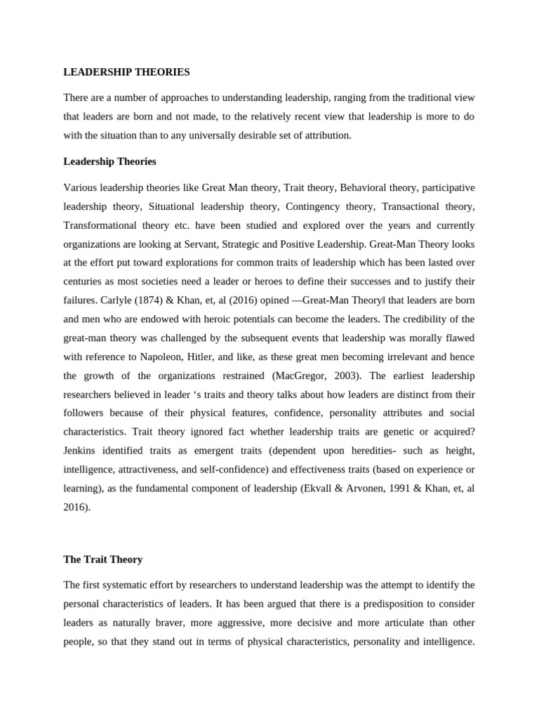 LEADERSHIP THEORIES | PDF | Leadership | Transformational Leadership