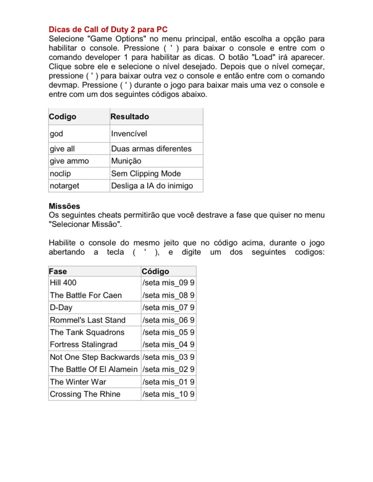Cheats e Downloads Call of Duty 2 | PDF