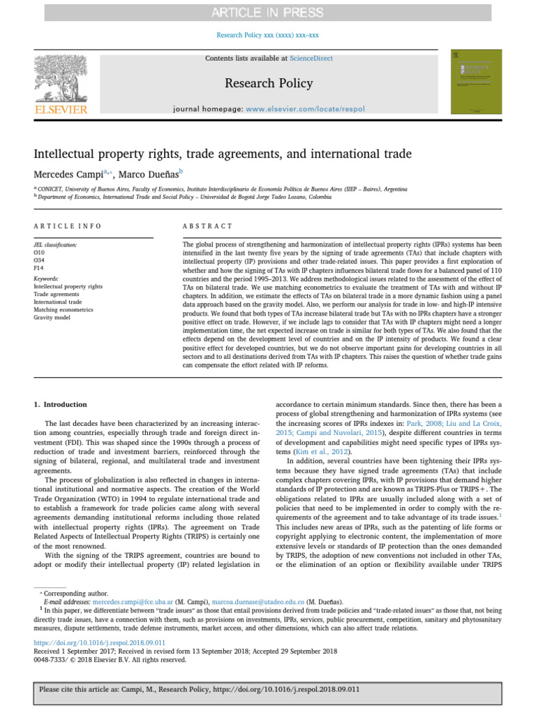 Intellectual Property Rights, Trade Agreements, and International Trade ...
