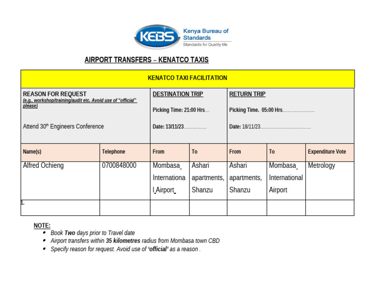 Airport Transfer Booking Form | PDF