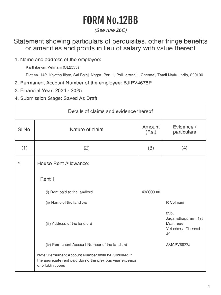 FORM 12BB CL2533 | PDF | Employee Benefits | Financial Services
