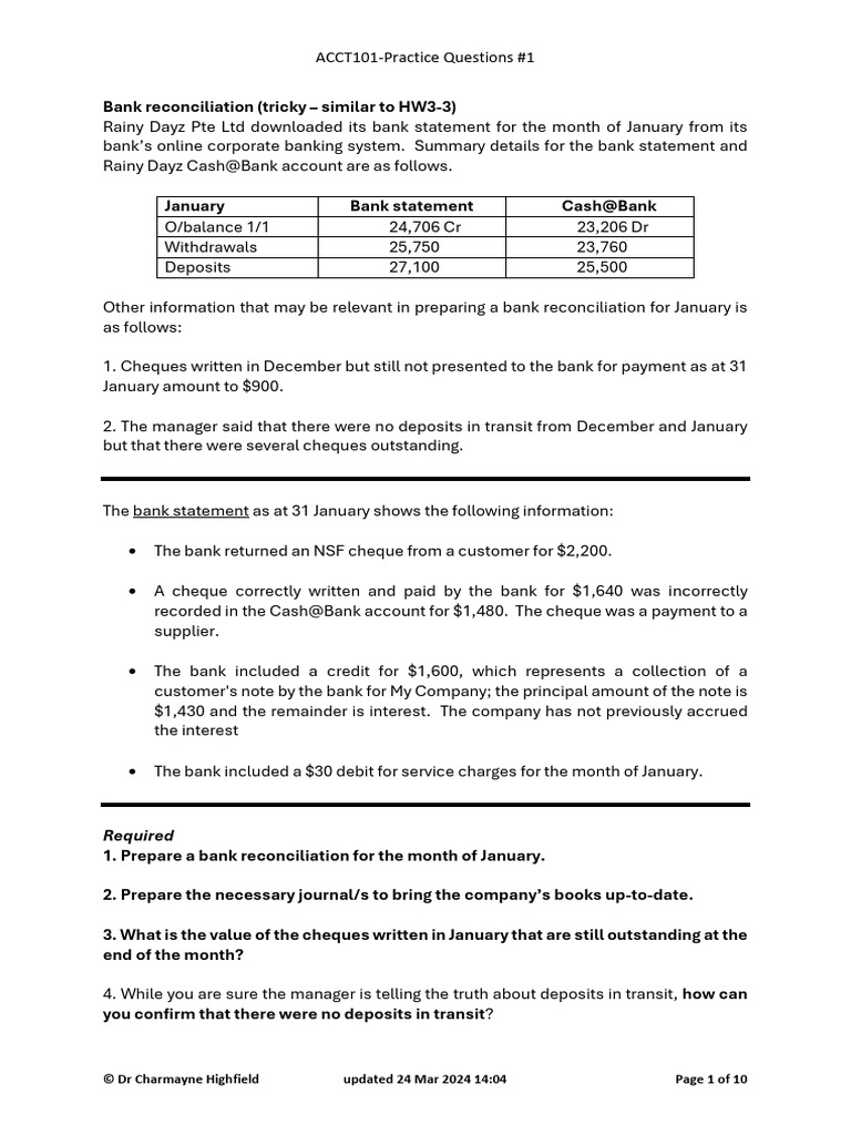 Bank Reconciliation Practice Questions | PDF | Debits And Credits | Banks