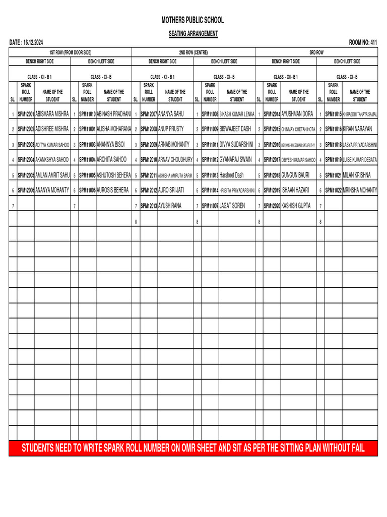 PW Test Seating Plan - Dec 2024 | PDF