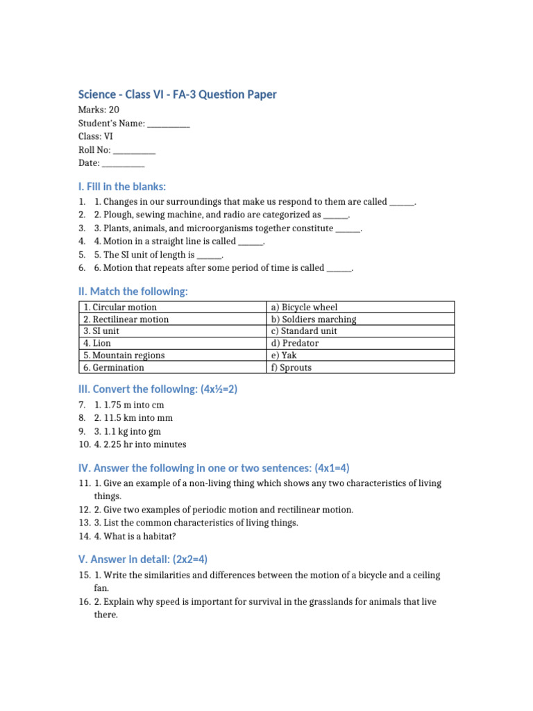 Class VI Science FA-3 Question Paper | PDF