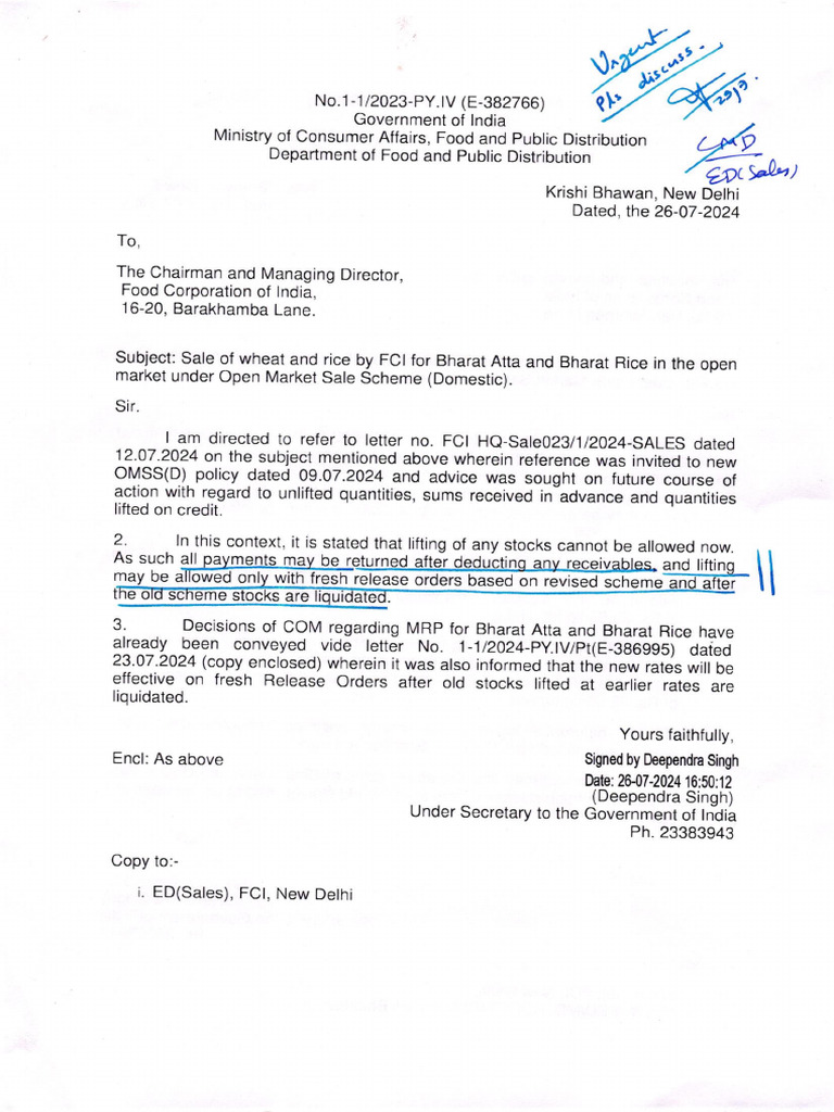 FCI Wheat and Rice Sale Update | PDF