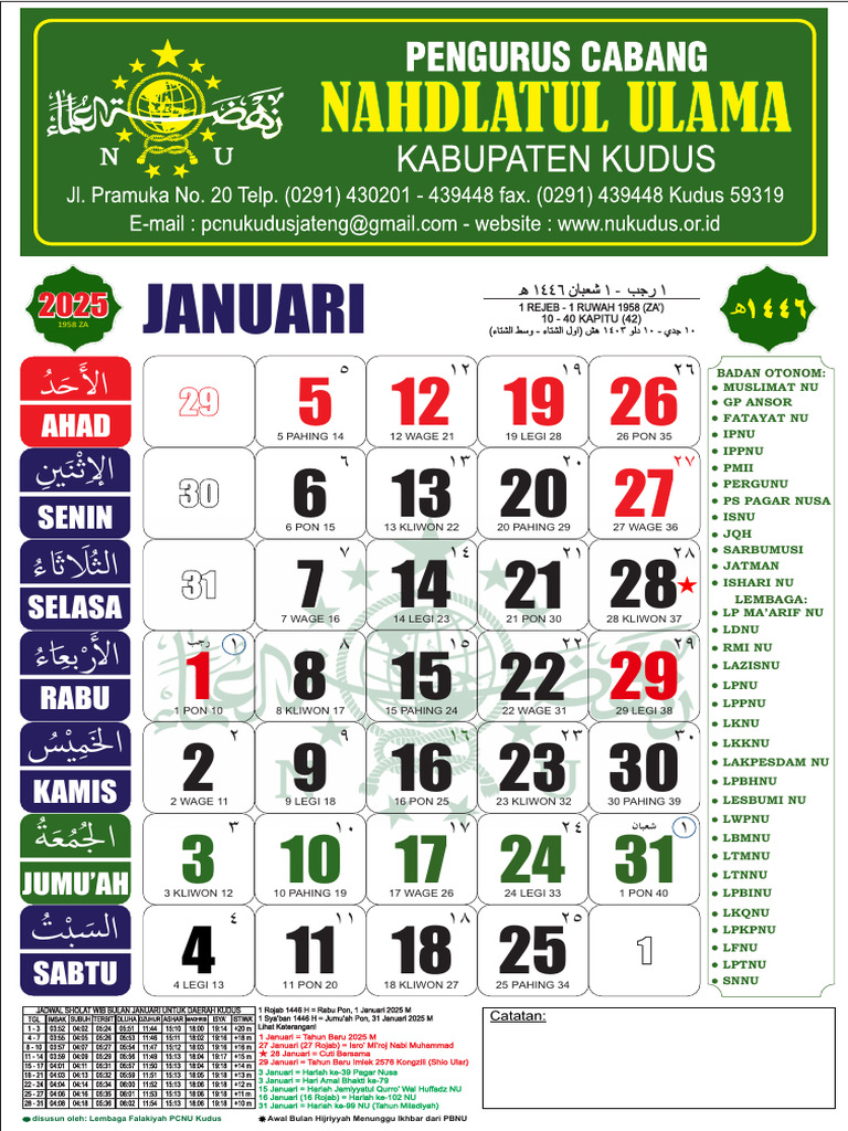 Kalender NU dan Jadwal Sholat 2025 | PDF