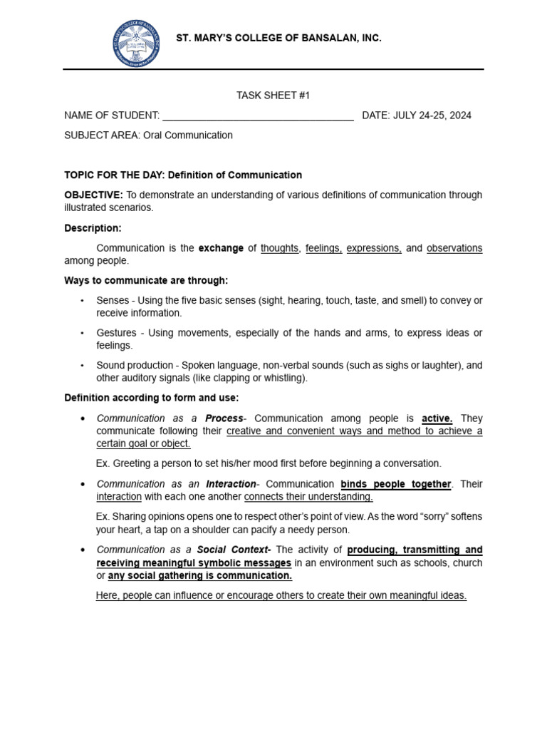 Oral Communication Task Sheets | PDF | Communication | Nonverbal ...