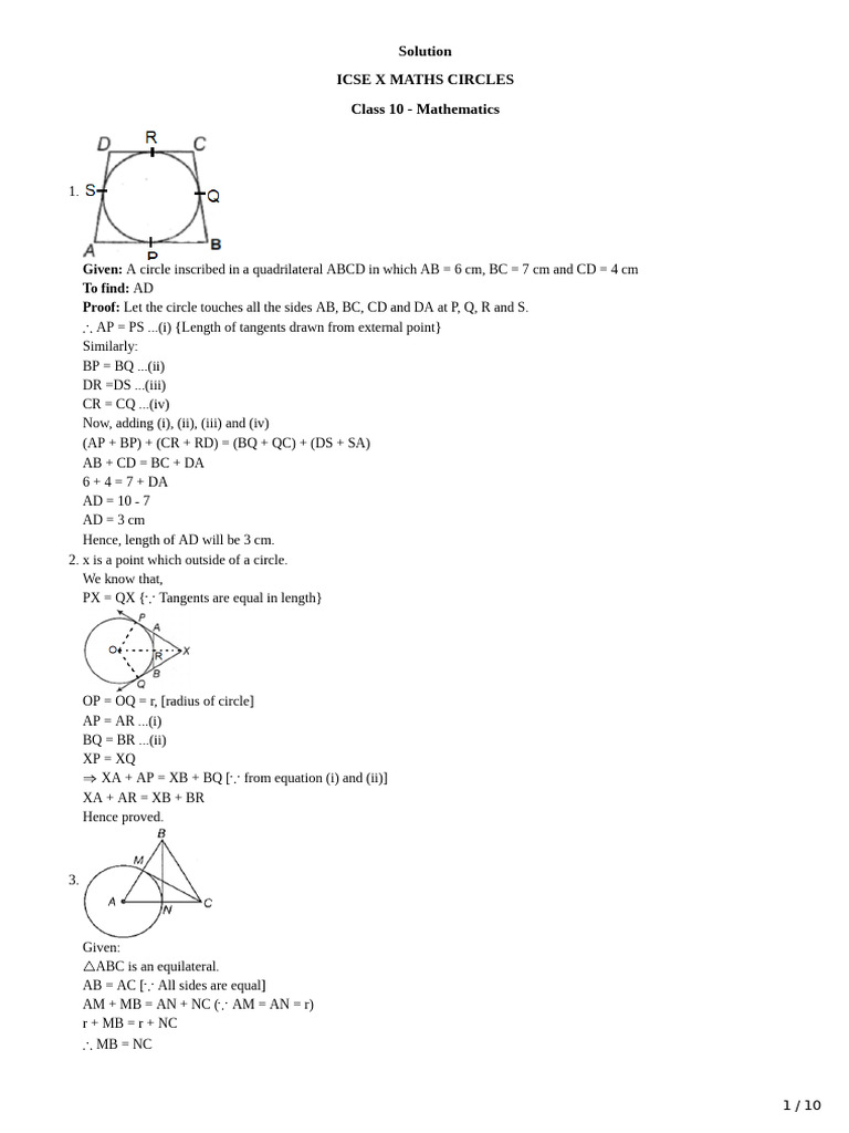 ICSE Class 10 Circle Solutions | PDF | Circle | Angle