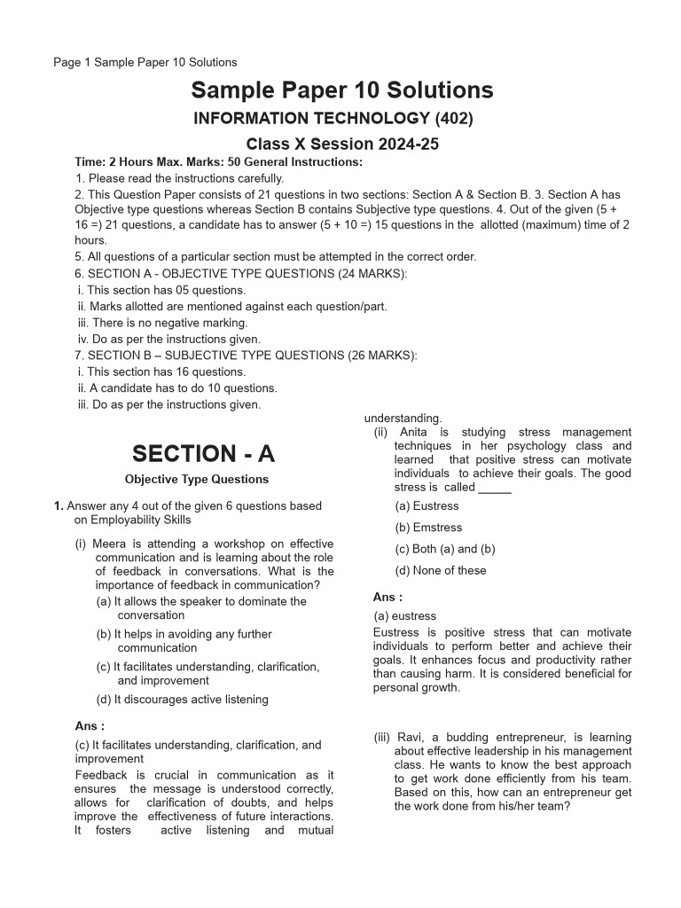 IT Class X Sample Paper Solutions | PDF | Databases | Spreadsheet
