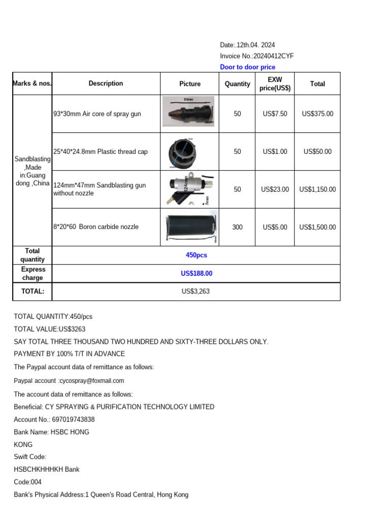 Sandblasting Equipment Invoice 2024 | PDF