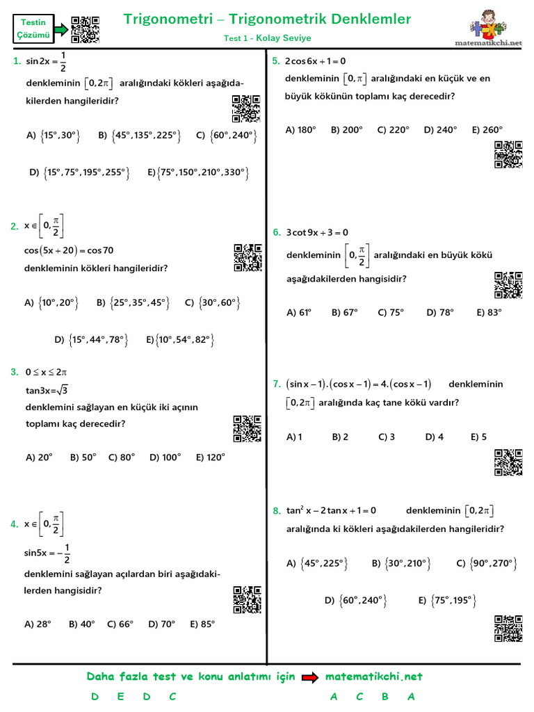 Trigonometrik Denklemler Test 1 K | PDF