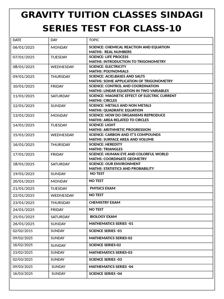 Class 10 Series Test Schedule | PDF