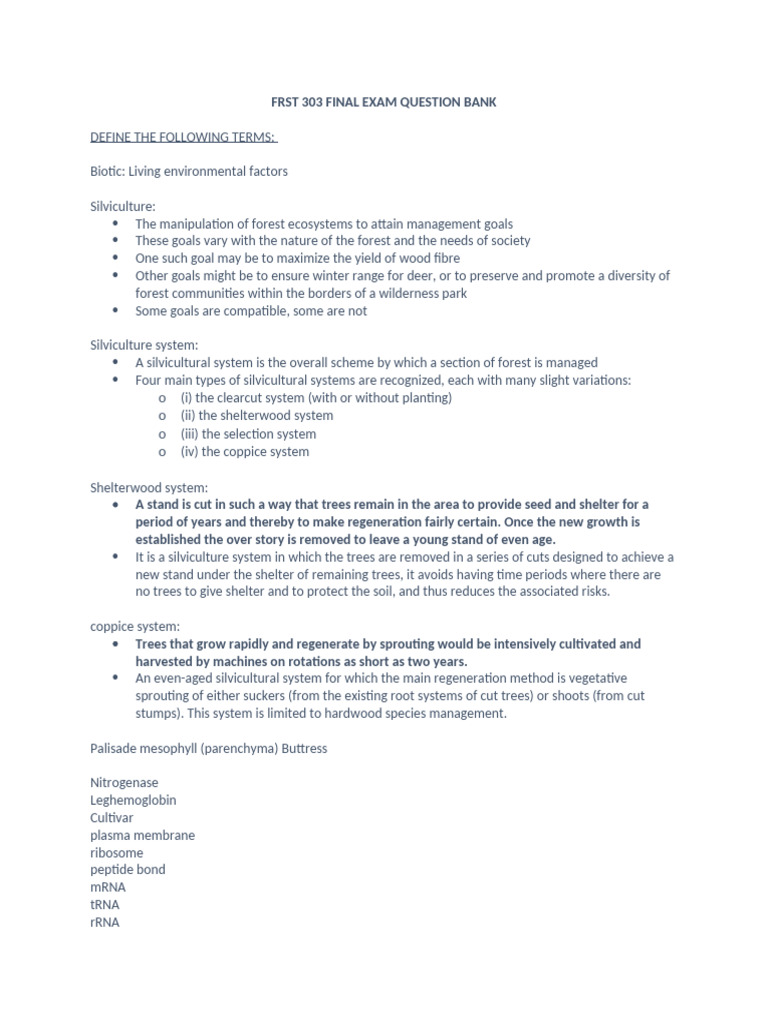 FRST 303 Final Exam Question Bank | PDF | Plants | Trees