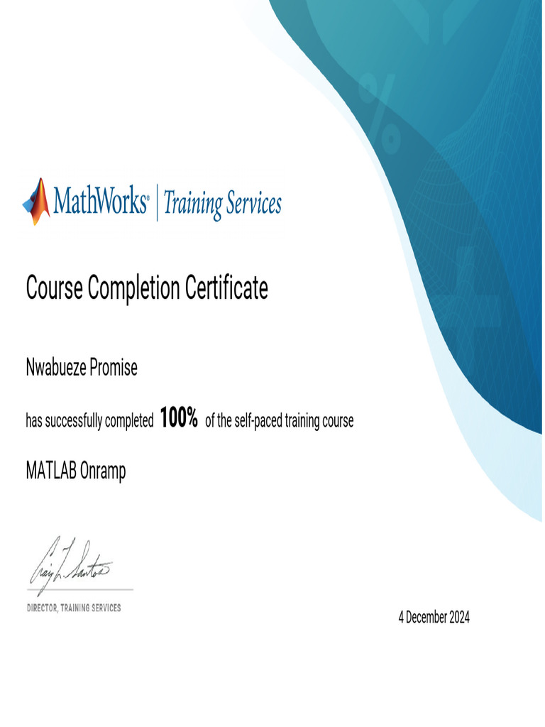 MATLAB Onramp Course Completion Certificate | PDF