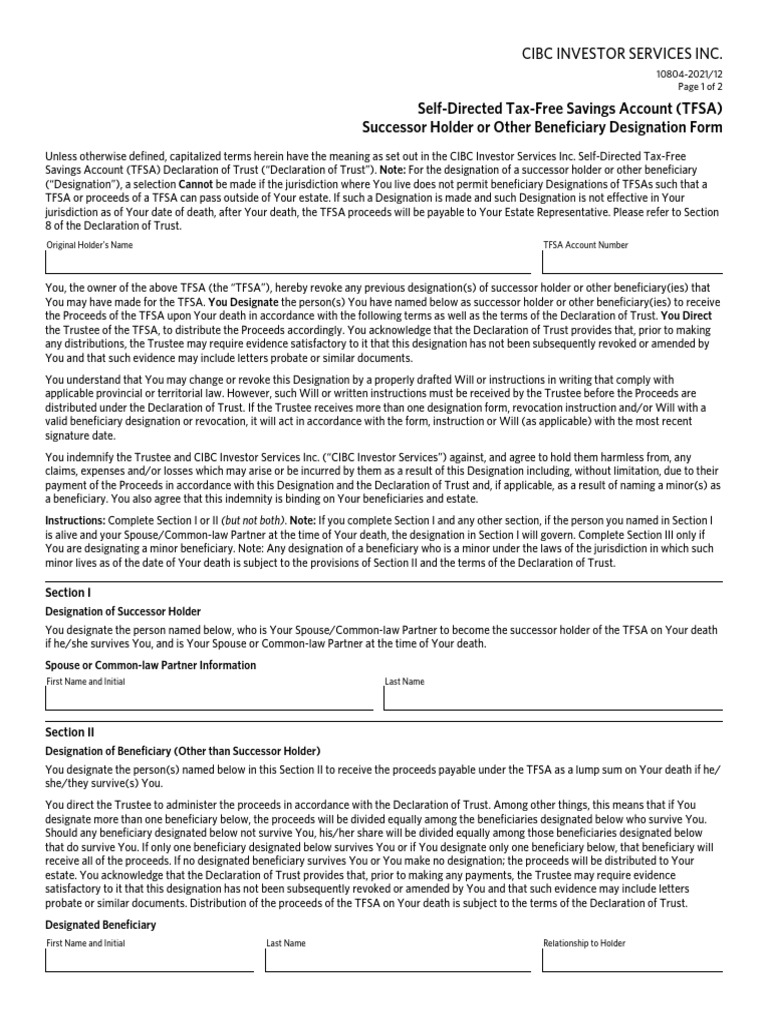 Self-Directed Tax-Free Savings Account (TFSA) Successor Holder or Other ...