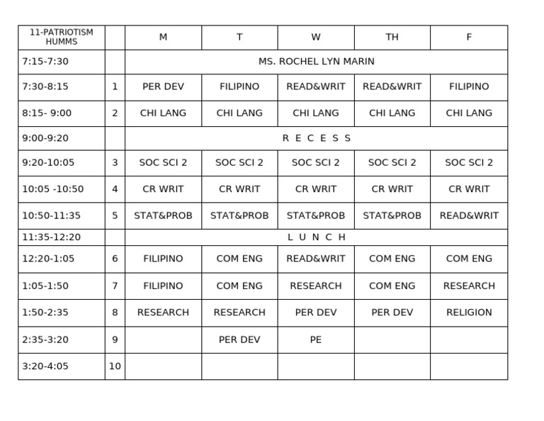 Weekly Class Schedule Overview | PDF
