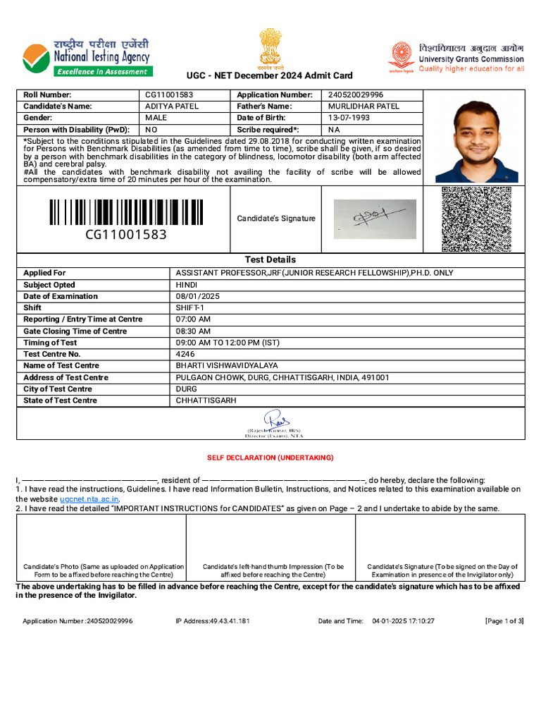 UGC NET December 2024 Admit Card Details | PDF | Identity Document