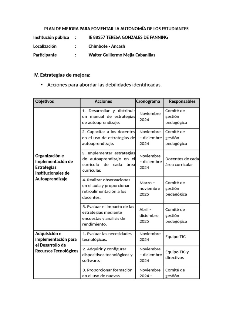 Sesión 4 - Tarea Sobre Las Estrategias y Ajuste Del PLAN DE MEJORA ...