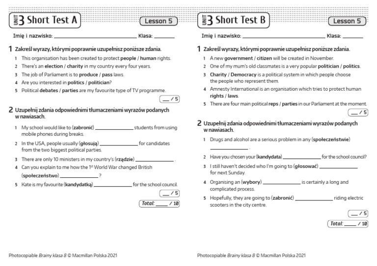 Unit 3 Short Test for Brainy Klasa 8 | PDF | Government | Democracy
