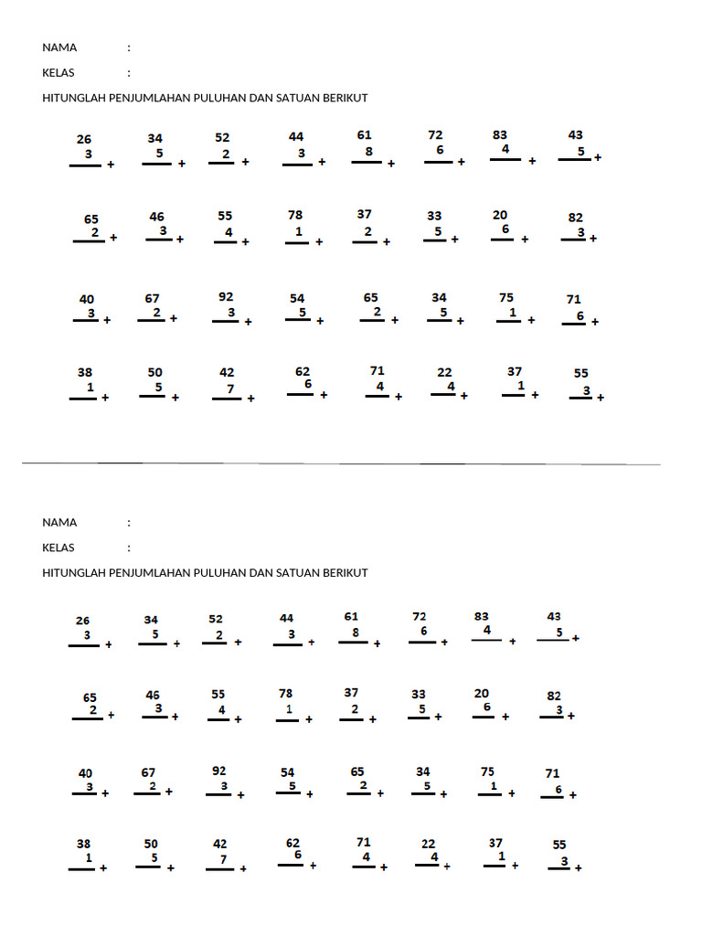 Penjumlahan Puluhan dan Satuan Kelas 1 | PDF