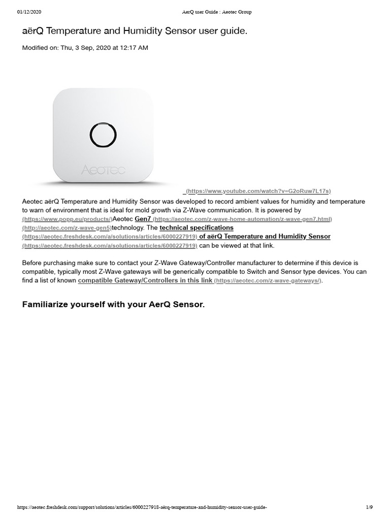 Aeotec aërQ Sensor User Guide | PDF | Humidity | Temperature