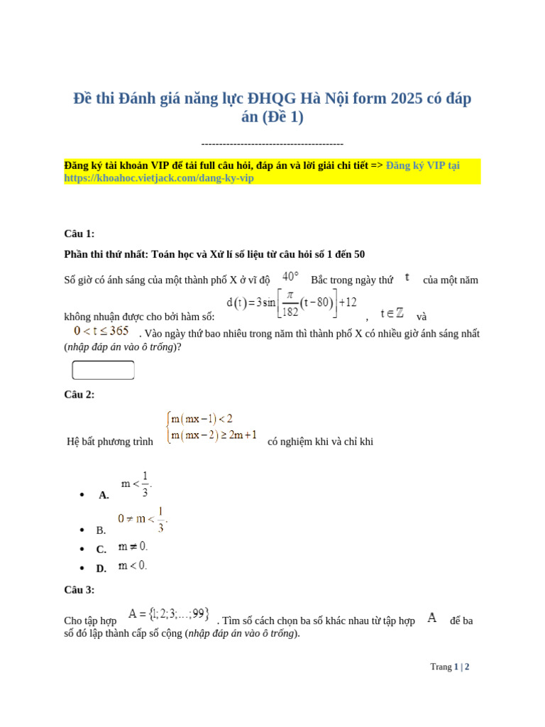 De Thi Danh Gia Nang Luc DHQG Ha Noi Form 2025 Co Dap An de 1 - 2024 ...