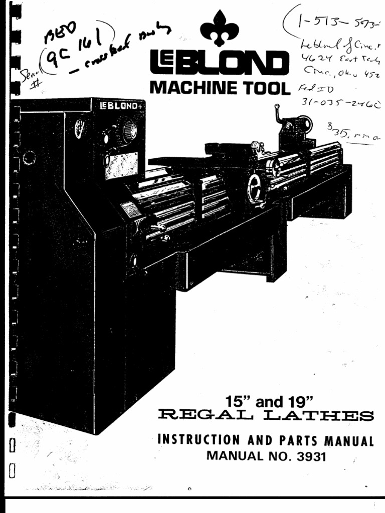 LeBLOND Regal 13, 15, 17, & 19 Lathe Instruction & Parts Manual – New Reproduction